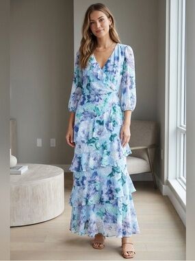 004- Laura Floral Ruffle Maxi Dress in Lavender and Aqua